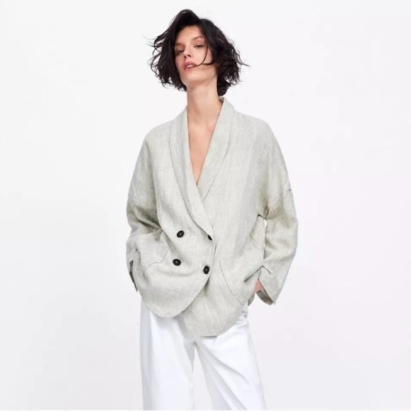 Zara Oversized Lagenlook Double Breasted Linen Blazer Jacket Oatmeal Size XS - Picture 2 of 16